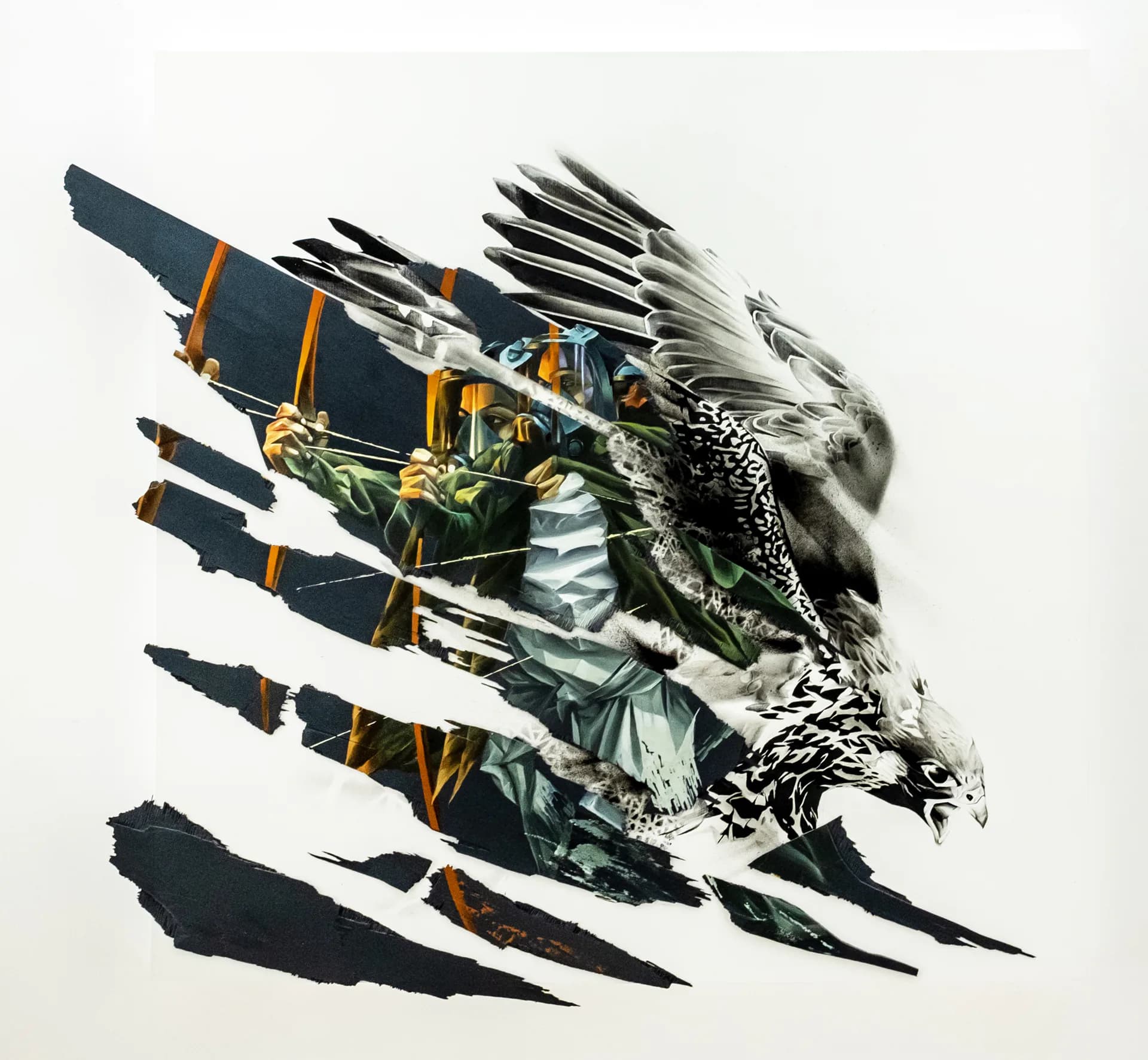 Mixed-media work combining spray-painted eagle with masked figure on dark background with slashing brush marks