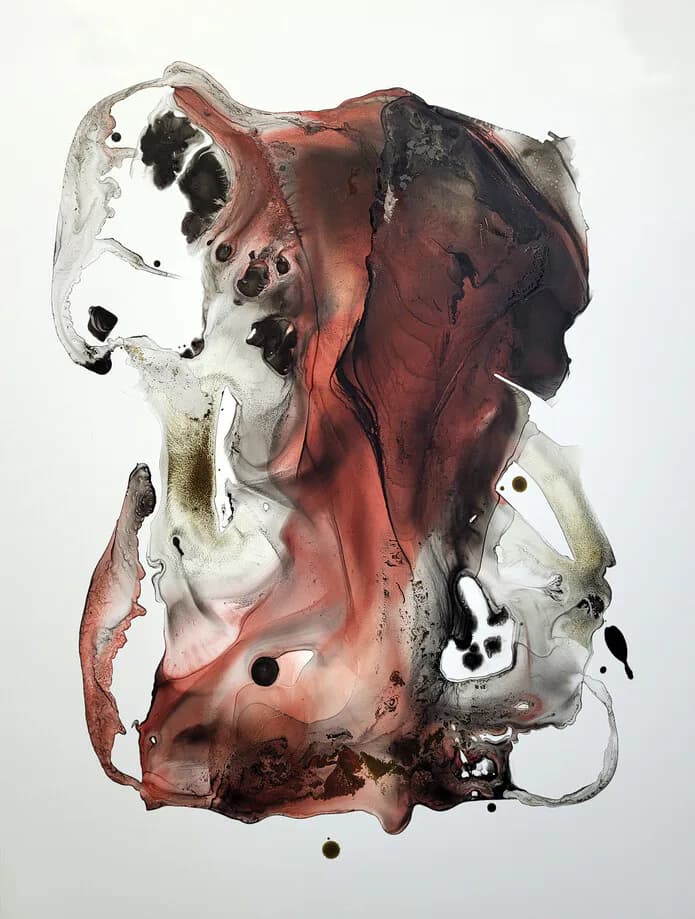 Abstract ink work with bold terracotta red and black fluid forms on white ground