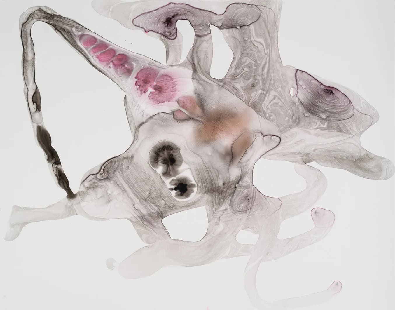 Large-scale abstract ink work with pink, purple, and black organic forms and marbled textures