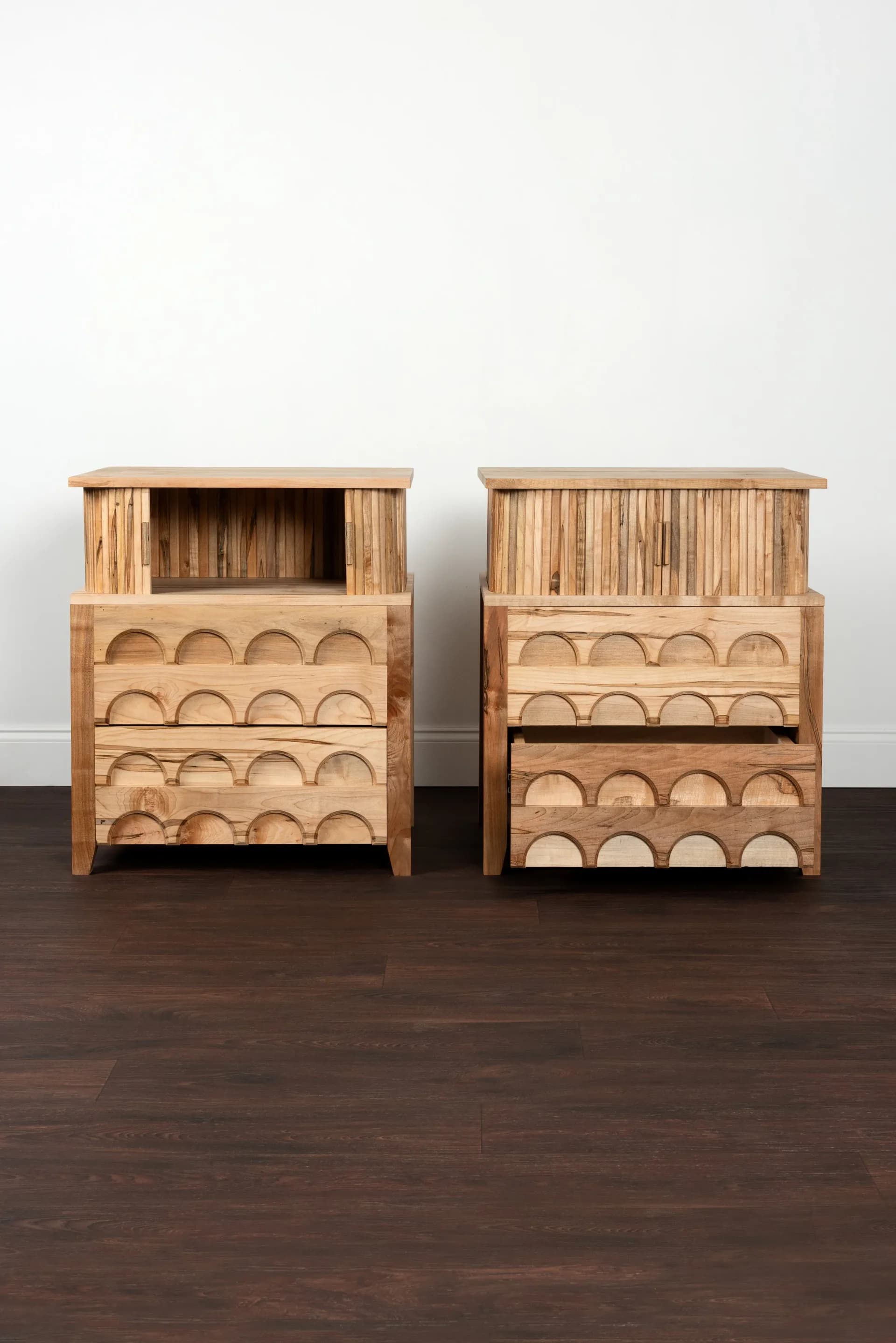 Pair of spalted maple nightstands with arched drawer fronts and tambour doors