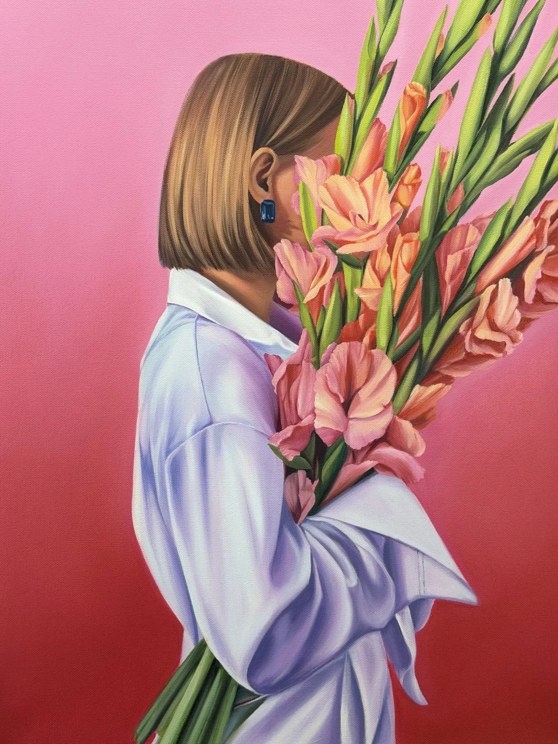Figurative painting of a woman holding gladiolus flowers against a pink background