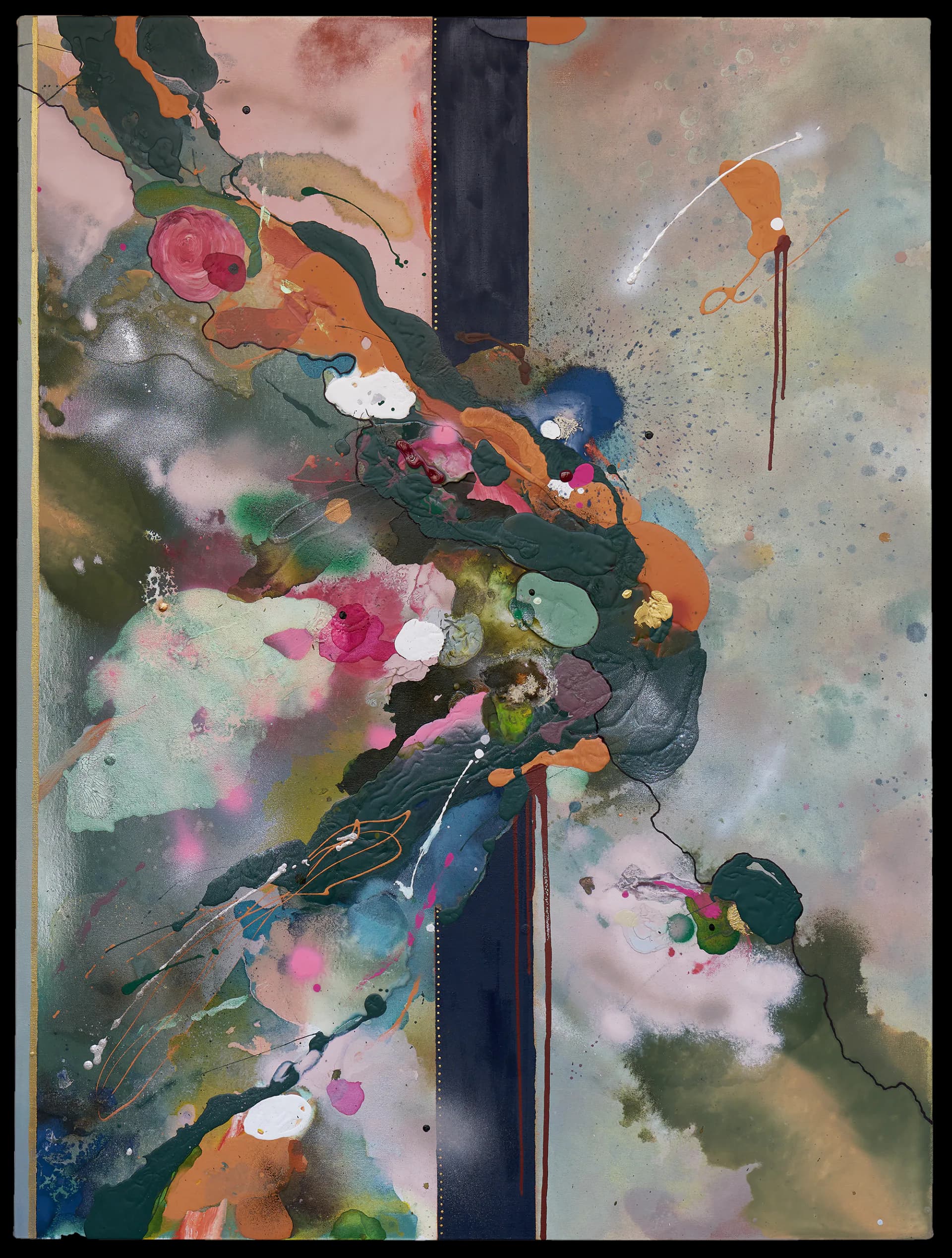 Large abstract painting with dark teal organic forms sweeping diagonally, accented by hot pink, orange, and white paint drips against a soft muted background