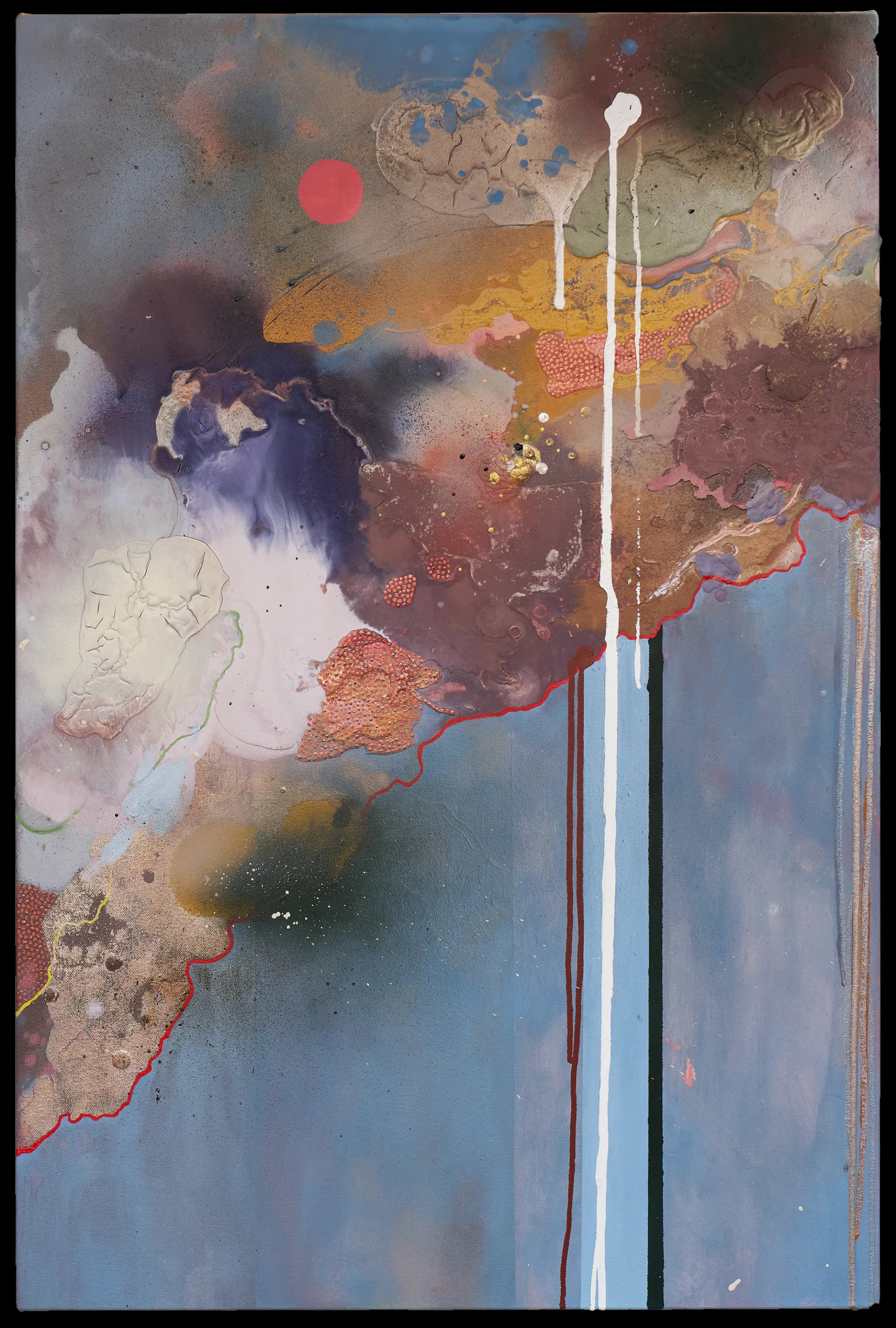 Abstract painting with a dense cloud of purple, mauve, and ochre forms in the upper half contrasted against a calm blue-grey lower field with white drips and a black vertical line