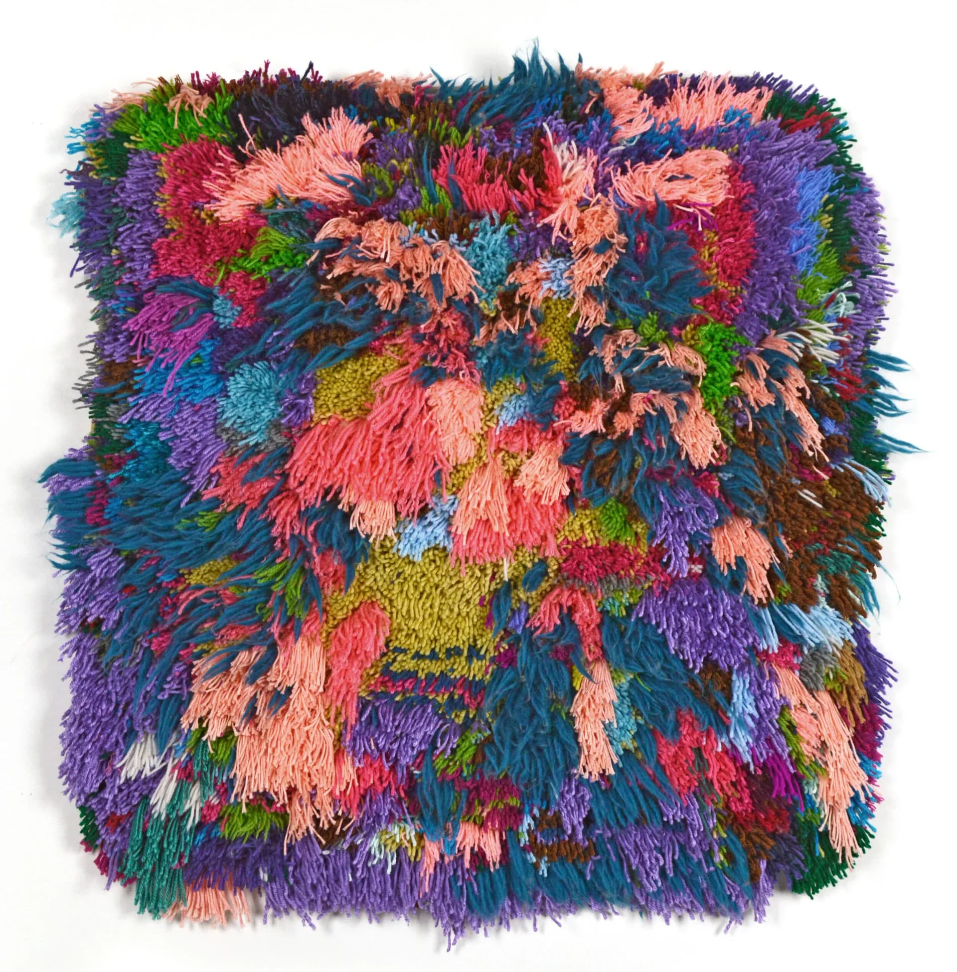 Colorful multicolored latch hook textile wall artwork with dense fringe