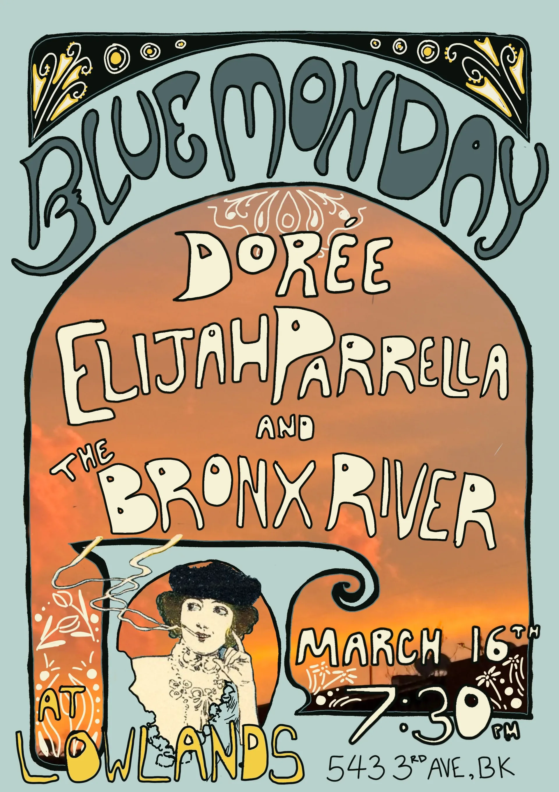 Blue Monday art nouveau style concert poster featuring Doree, Elijah Parrella and The Bronx River