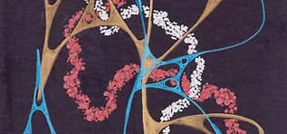 Abstract painting with organic branching forms and pink dot clusters on dark purple background