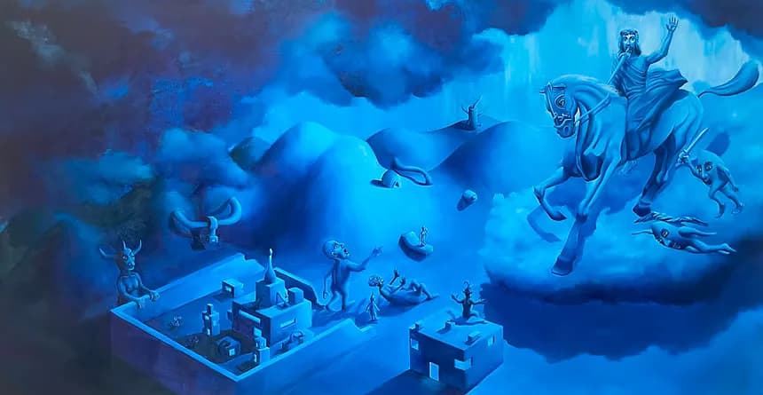 Large-scale blue surrealist painting with a horseman, mythological figures, and architectural elements in a dreamlike cloudscape