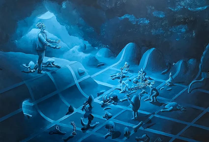 Blue monochromatic painting of a cave scene with numerous surreal figures and creatures in an otherworldly landscape