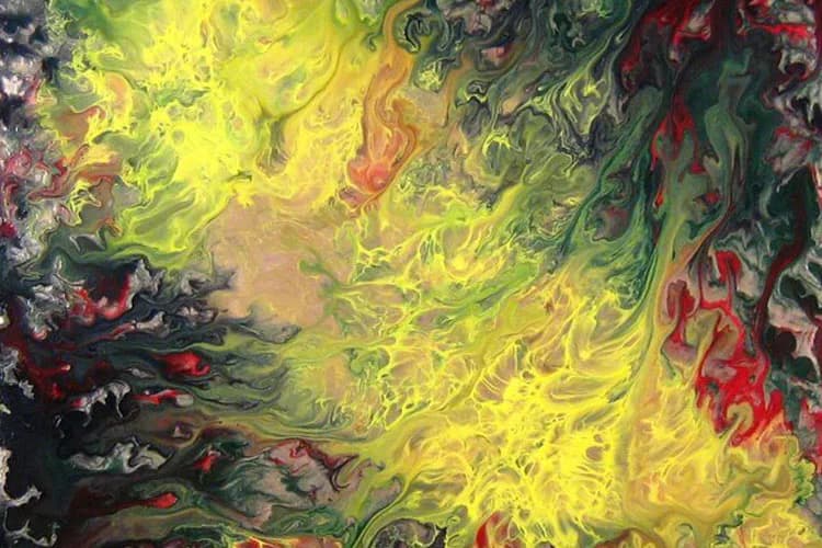 Abstract fluid painting with swirling yellow, green, red, and black organic forms creating a dynamic, marbled composition.