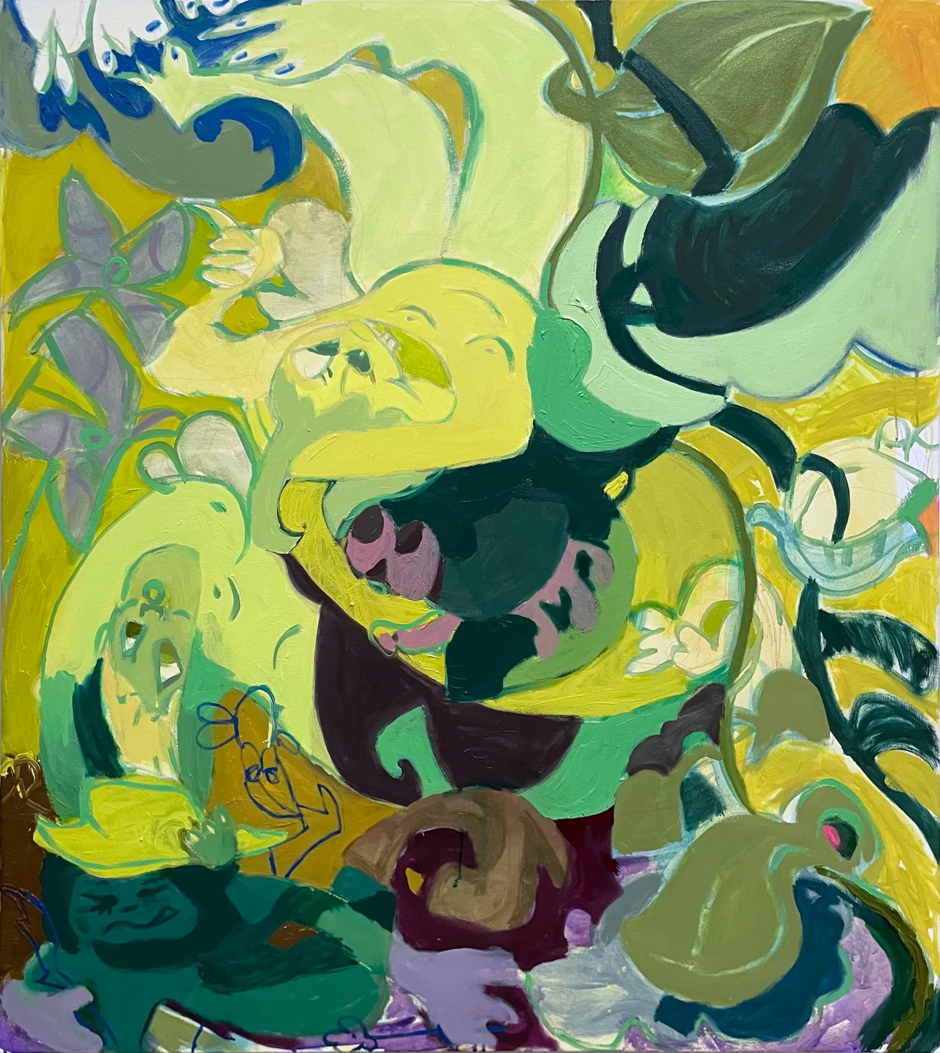 Vibrant green and yellow figurative painting with intertwined figures and botanical elements