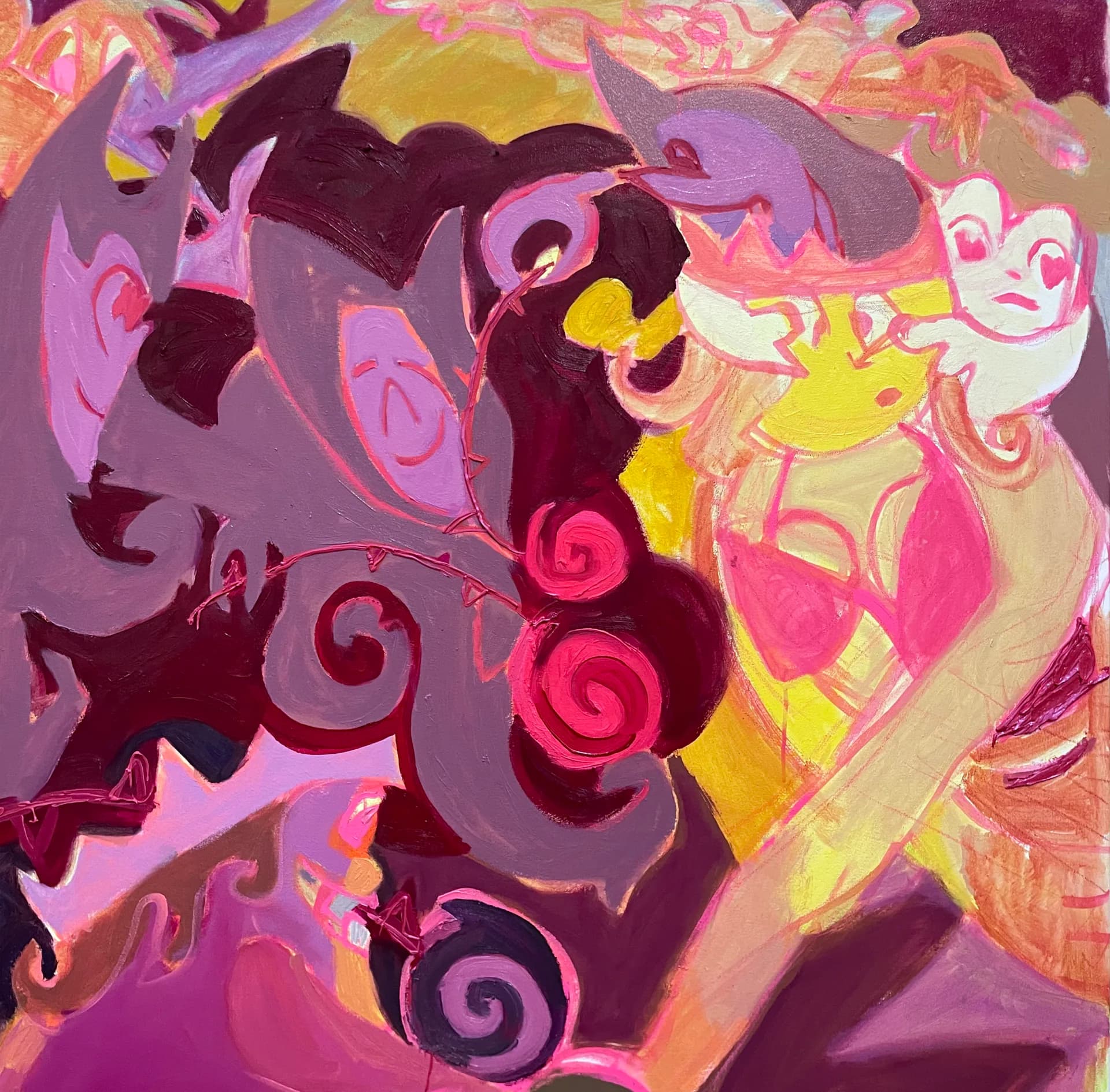 Pink and magenta painting with swirling figures and decorative cartoon-like elements