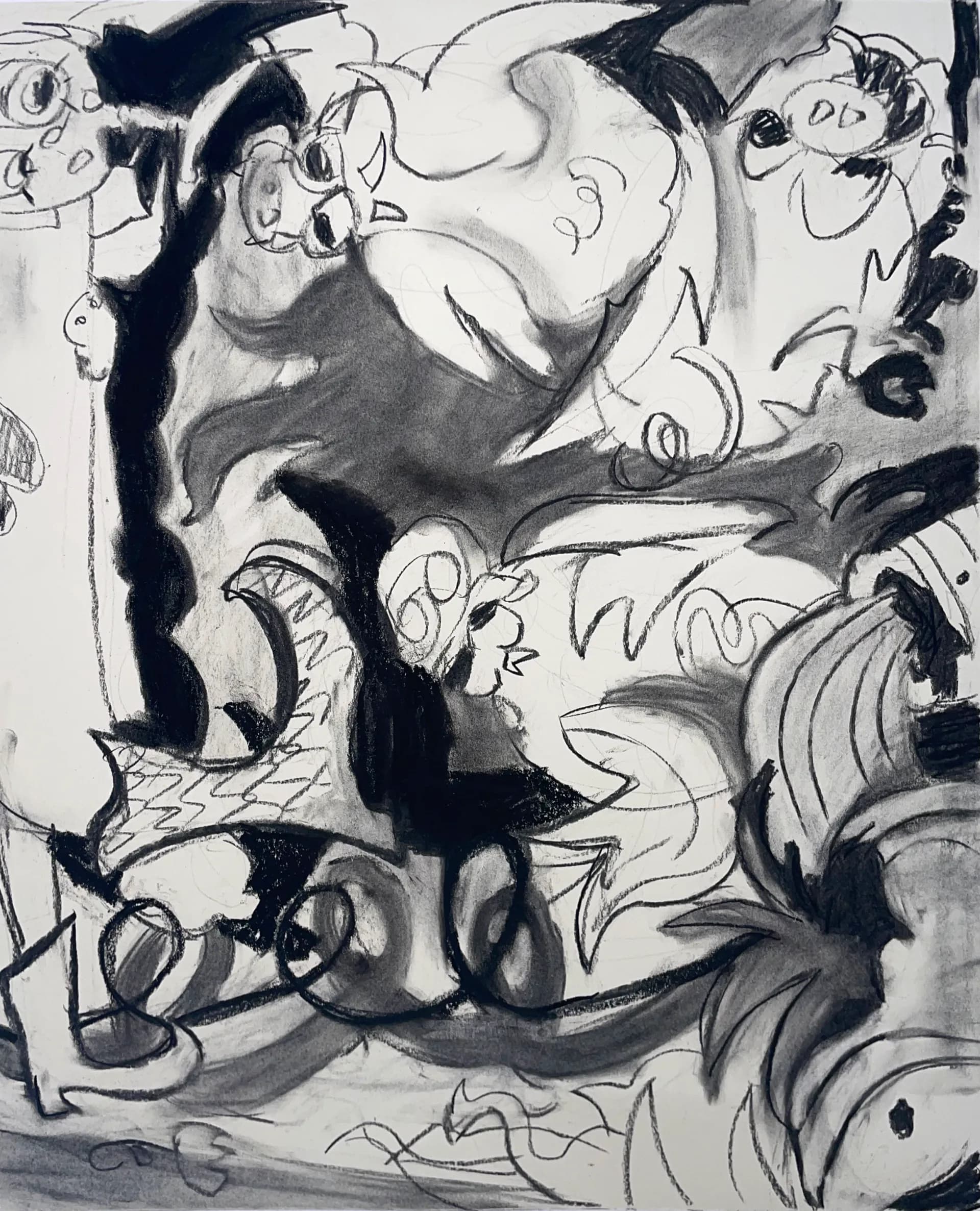 Large-scale orange and ochre painting with fantastical creatures and figures in a landscape