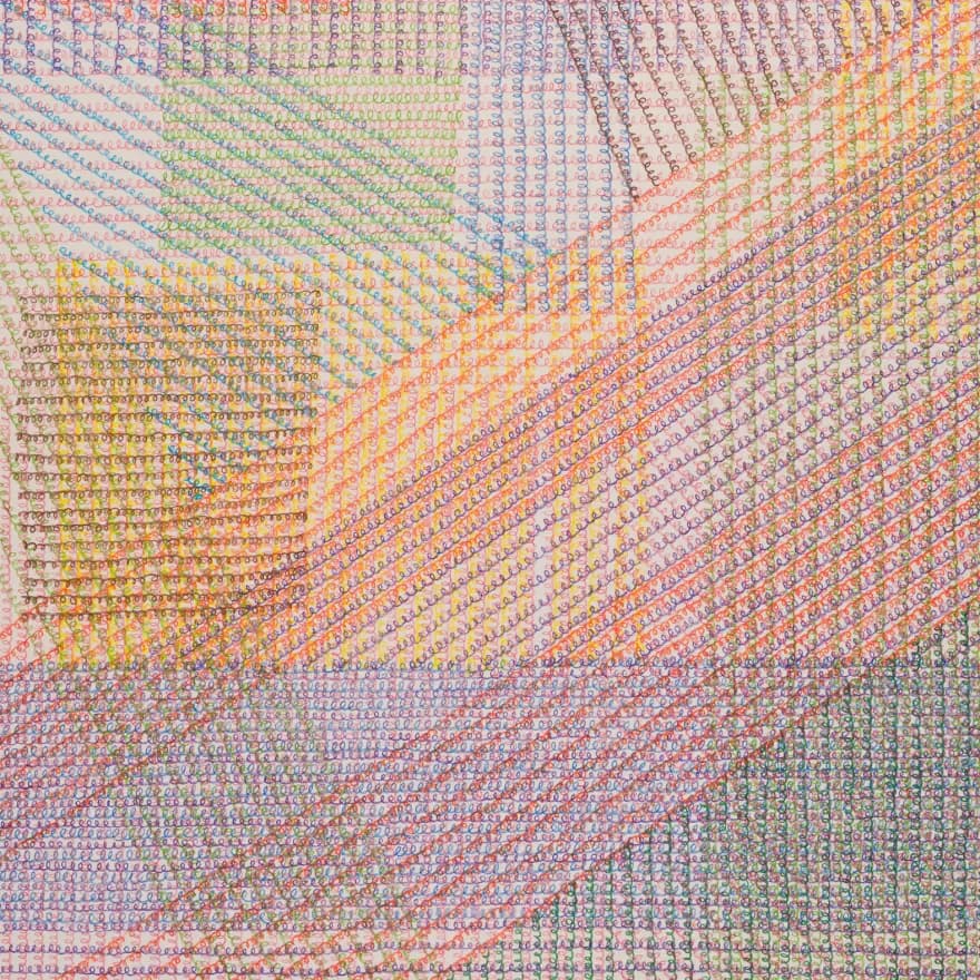 Colorful abstract drawing with radiating diagonal lines forming a fan-like composition