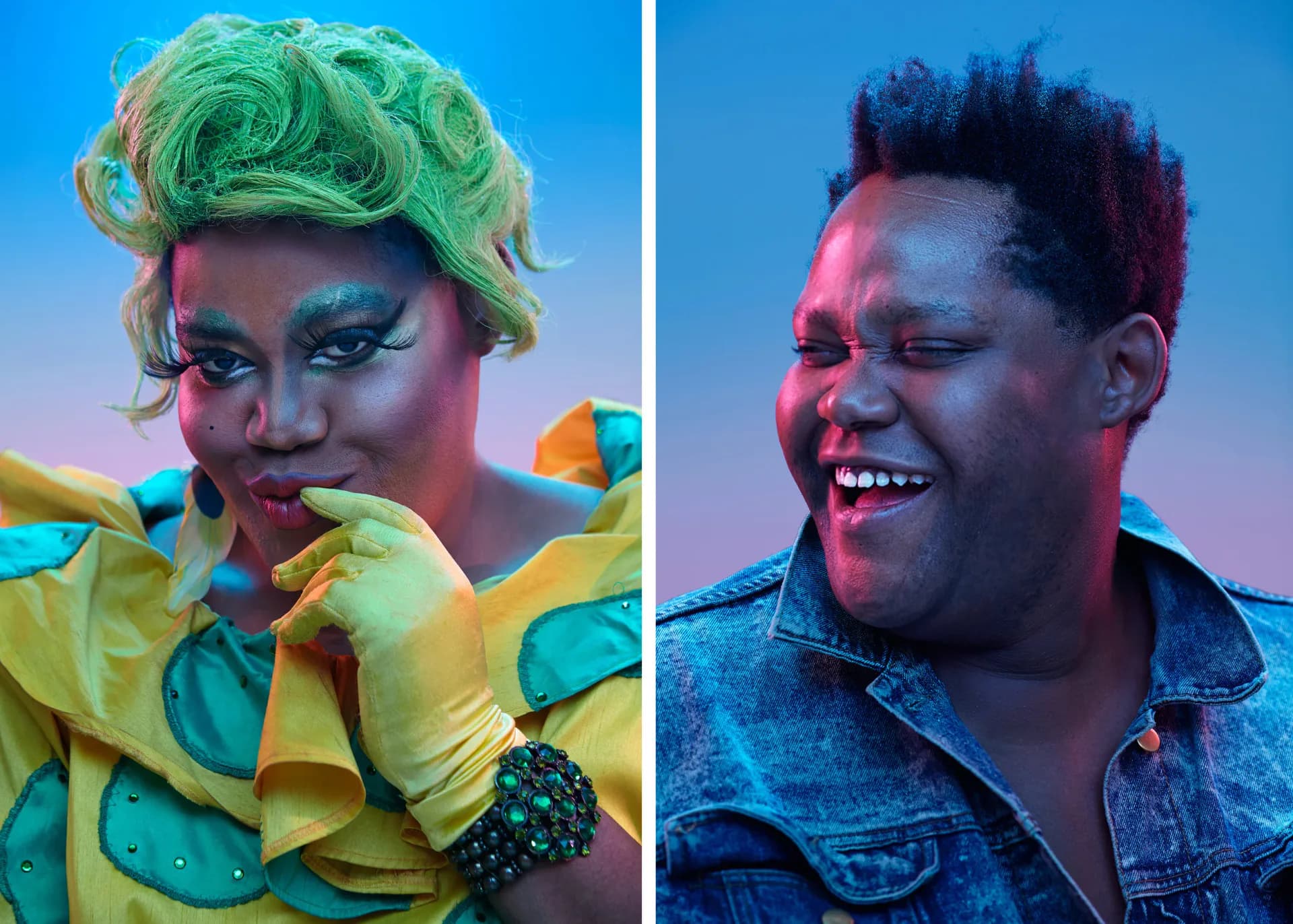 Diptych portrait of drag performer in green wig and yellow costume alongside the same person out of drag laughing