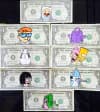 Comic-style grid installation or series of panels with cartoon characters and colorful scenes.