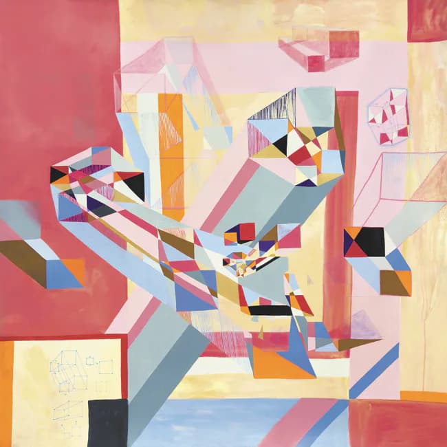 Abstract composition with intersecting geometric planes in bold colors—pink, yellow, blue, orange, and black—creating layered three-dimensional forms.
