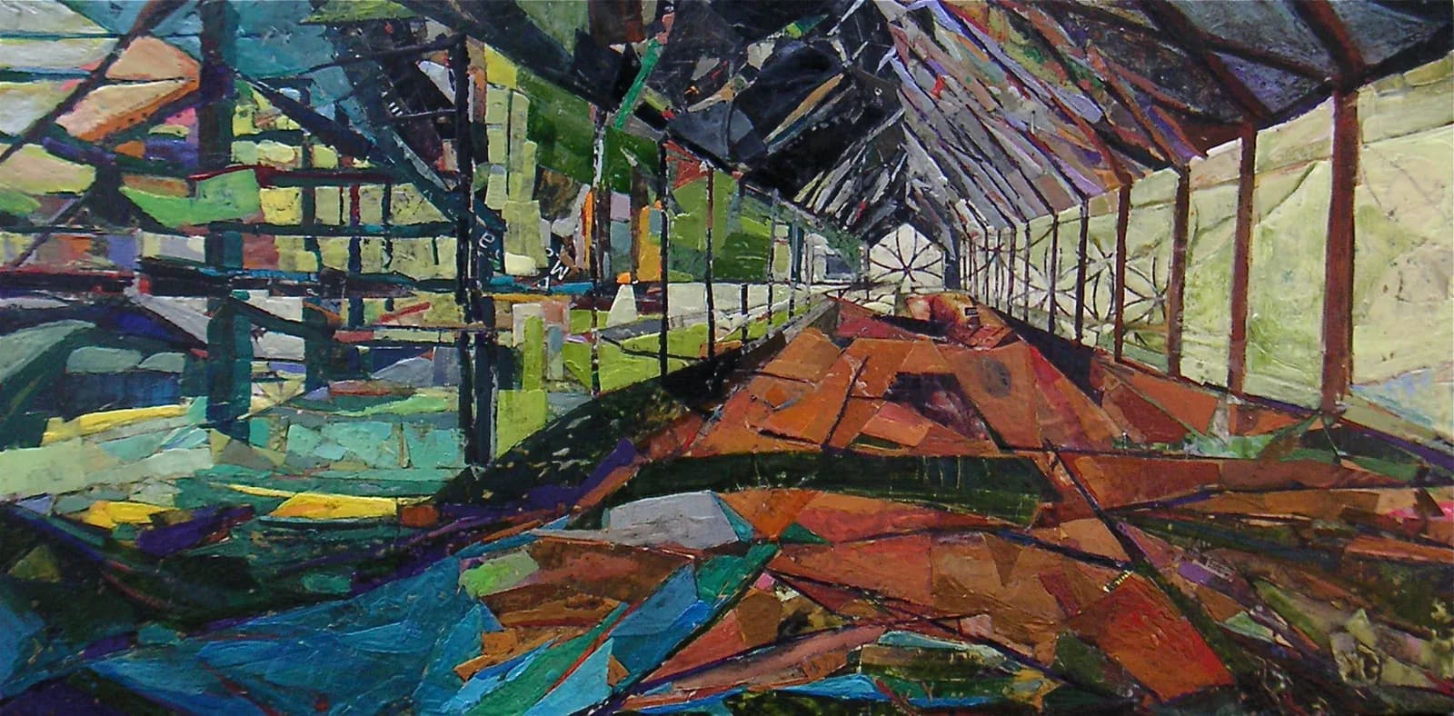 Greenhouse interior rendered in encaustic and collage with fragmented colorful planes