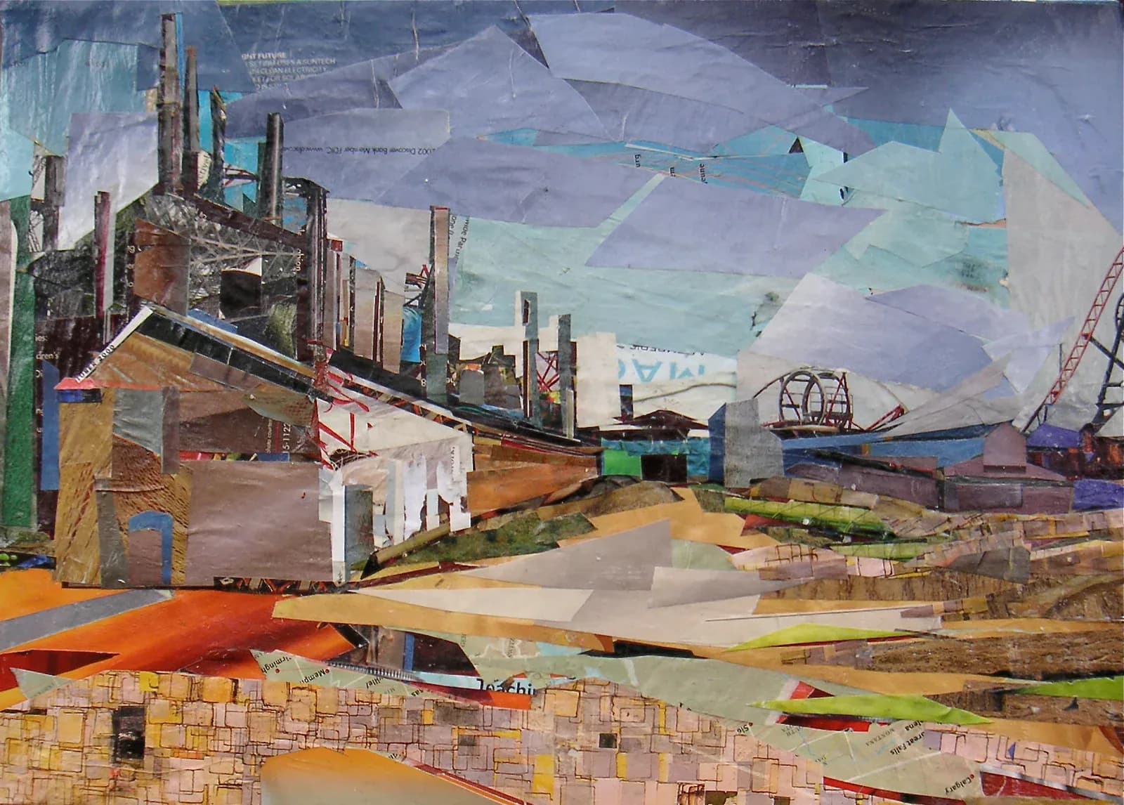 Industrial landscape collage depicting blast furnace and factory structures against a grey-blue sky