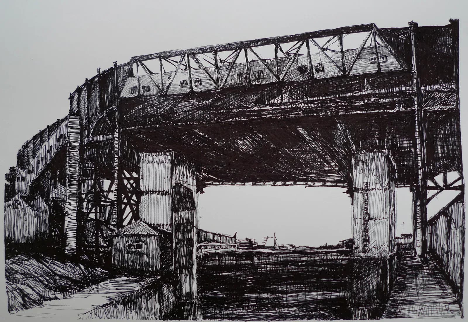 Detailed ink drawing of Gowanus industrial bridge and warehouse structures