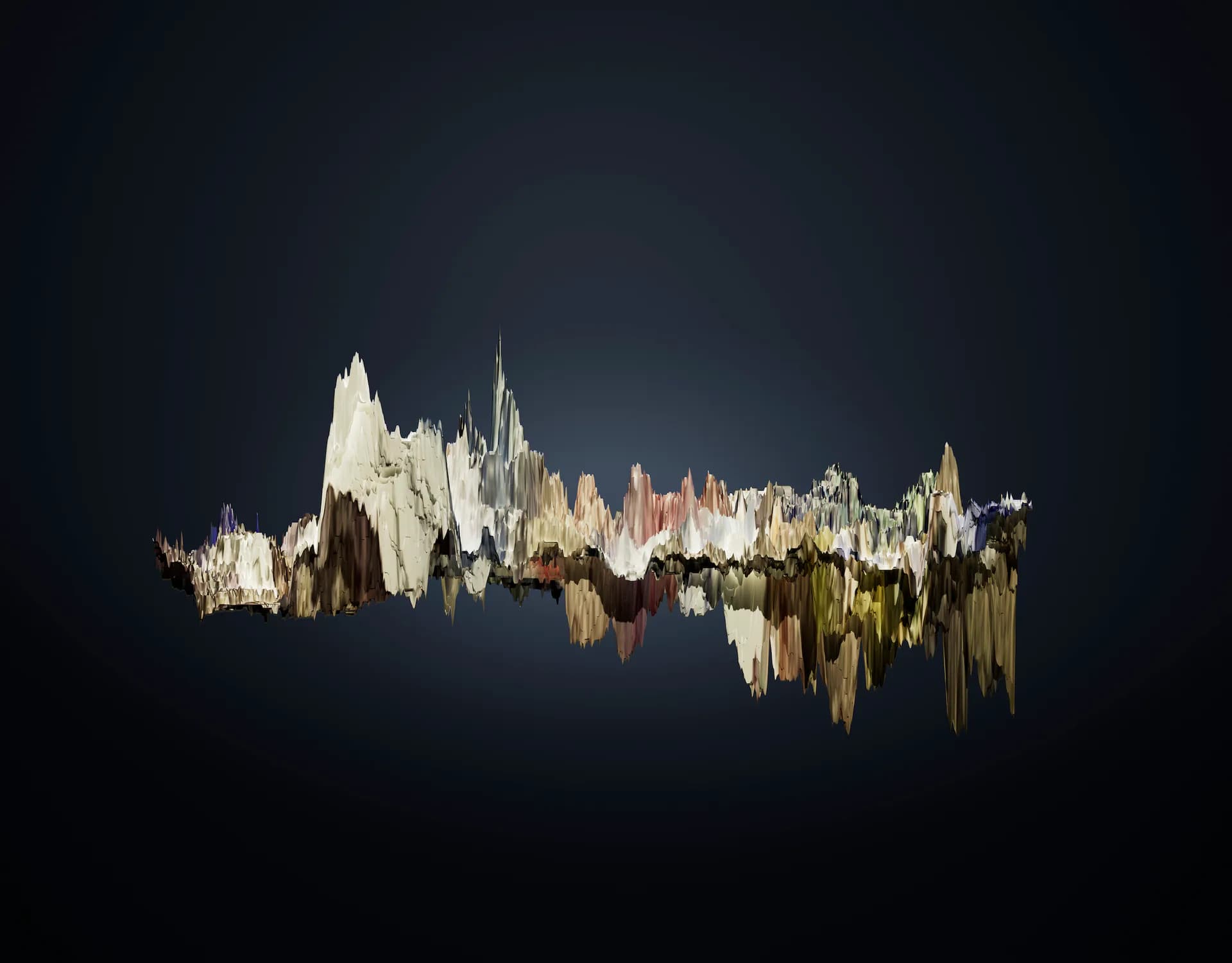 Suspension Ontologies II – multicolored crystalline digital sculpture floating against dark background