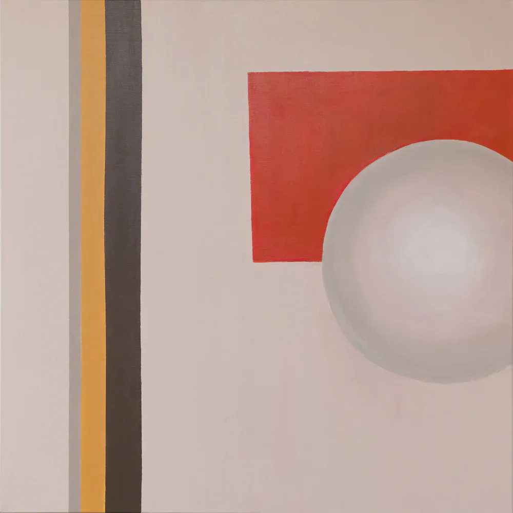 Abstract painting with vertical gold and dark gray stripes on left side and a white sphere emerging from red geometric form on right, neutral beige background.