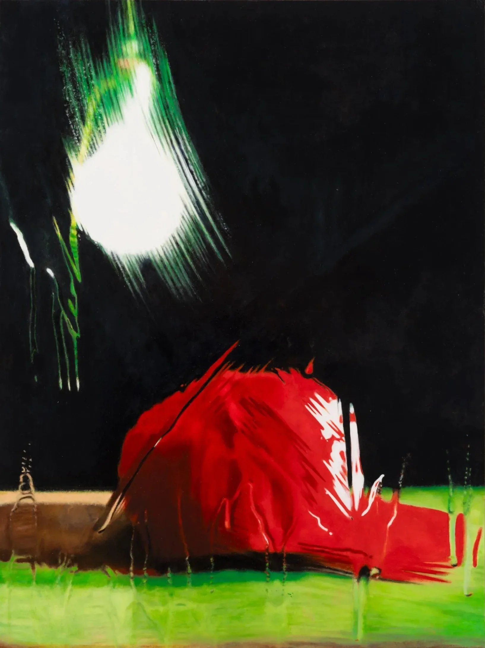 Abstract digital or mixed-media artwork featuring a luminous white orb amid streaking green and red forms against black background, with dramatic gestural marks.