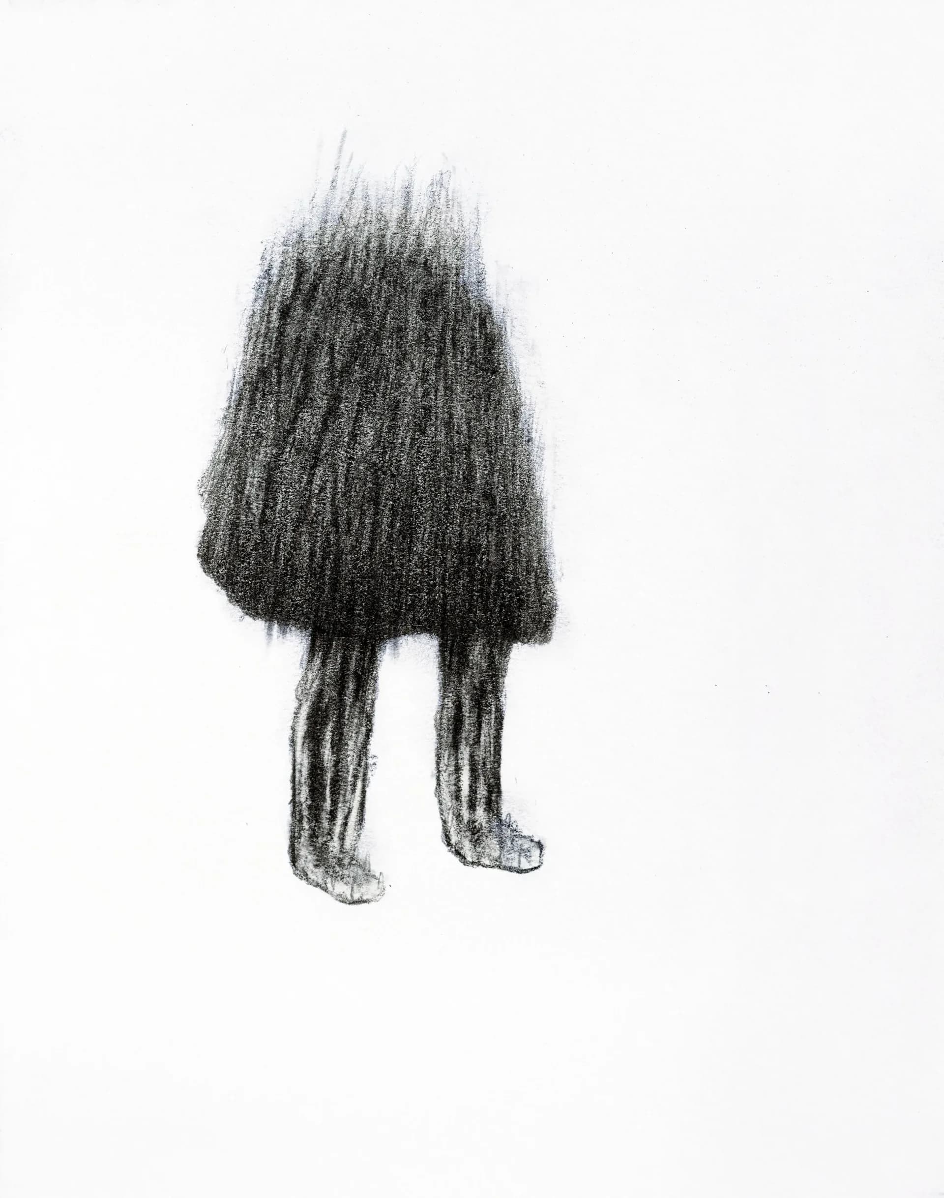 Charcoal drawing of a dark, dense figure with legs visible below