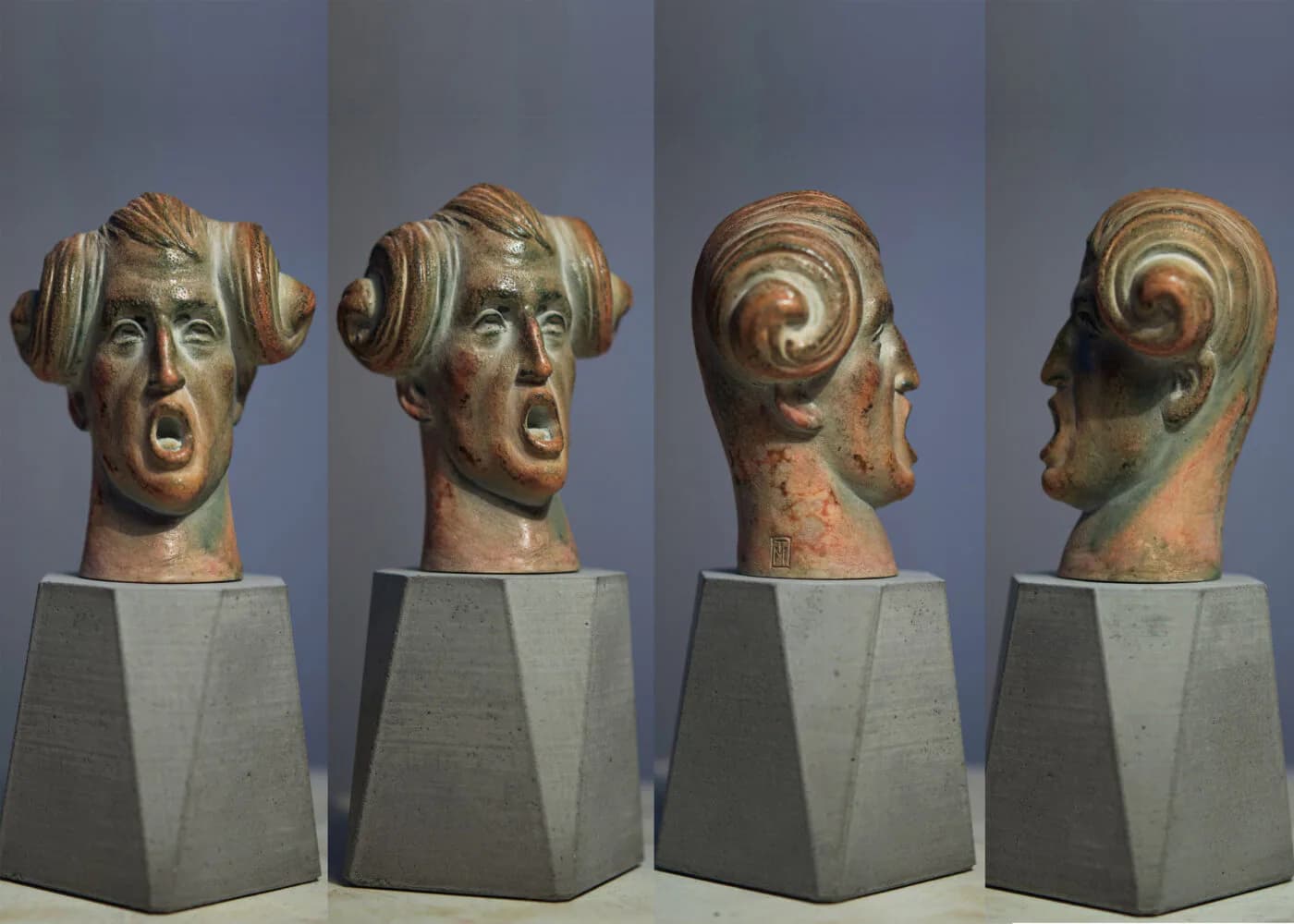 Glazed ceramic head sculpture with open mouth and spiral hair, shown from four angles on concrete pedestal
