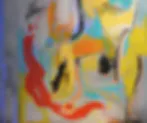 Blurred abstract composition with bold brushstrokes in red, yellow, blue, and green tones.
