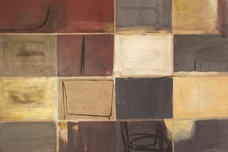 Abstract painting of a grid of rectangular blocks in muted earth tones—rust, ochre, cream, and dark brown—with loose brushwork and gestural marks.
