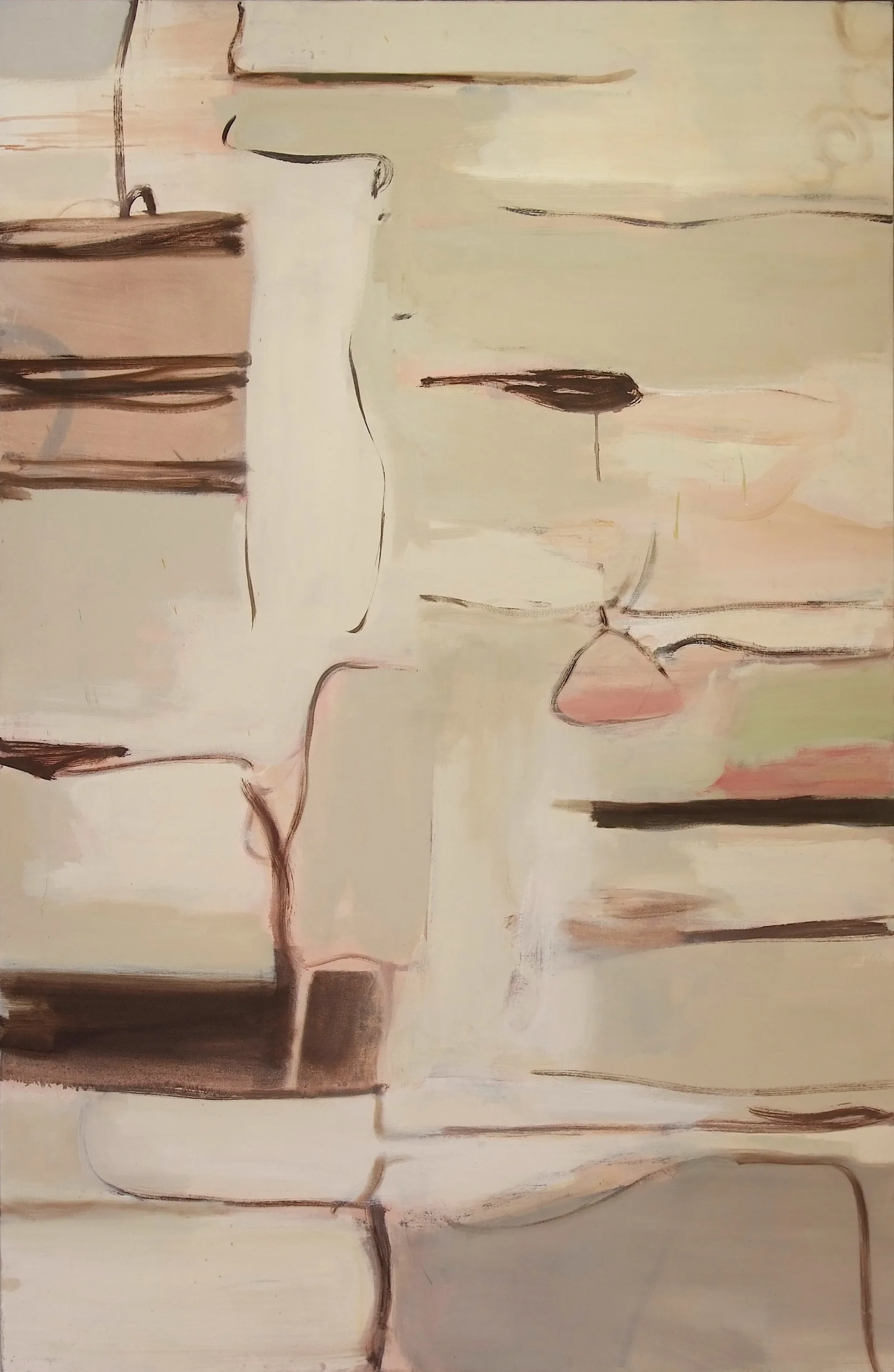 Abstract painting in soft pastels and earth tones with gestural brown lines, rectangular forms, and a small pink shape among beige and cream fields.