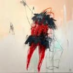 Large-scale abstract figurative painting with red and black forms on white ground