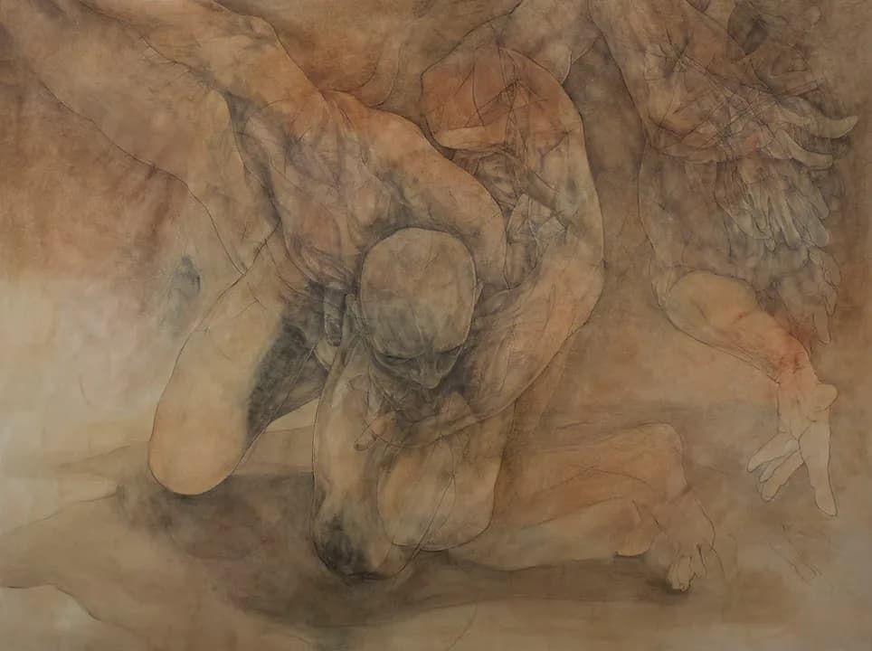 Large-scale figurative drawing with winged figure in warm ochre tones, mixed media