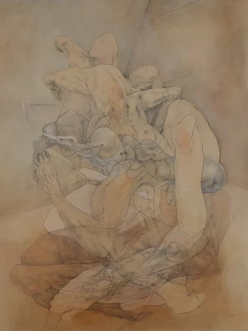 Layered figurative composition with intertwined figures in warm wash tones