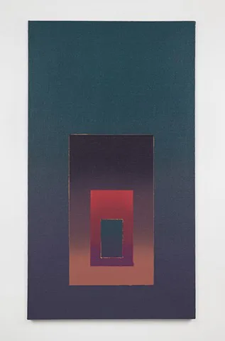 Nested rectangular composition painted in cool teal exterior with warm sunset gradient interior (red, orange tones), centered dark rectangle—layered depth study by Matthew Mahler.