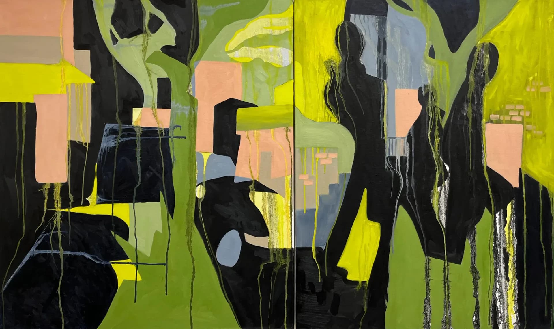 Large-scale diptych abstract painting with black figurative silhouettes on chartreuse and green ground with pink and blue geometric shapes