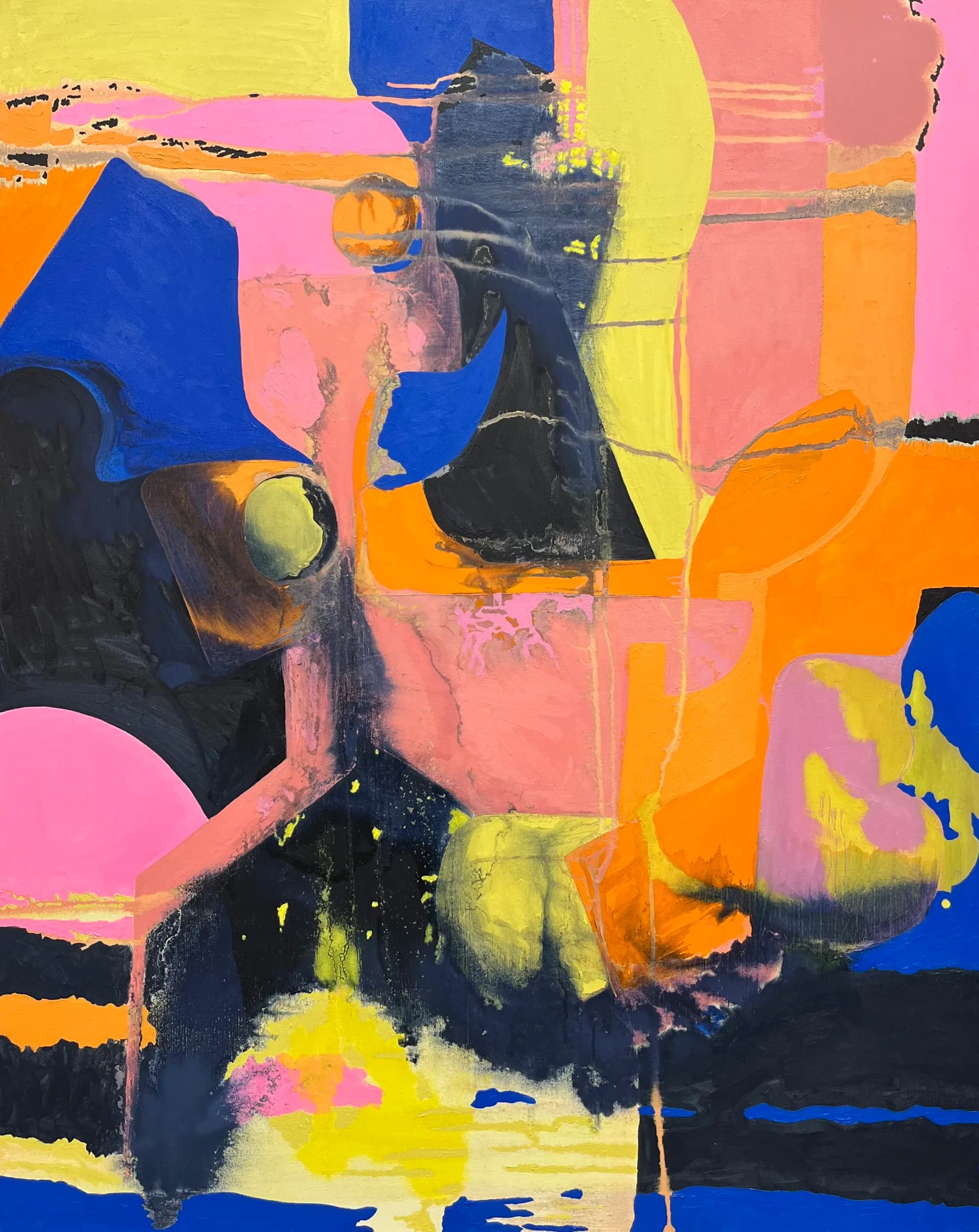 Vibrant abstract painting with magenta, cyan, chartreuse and olive organic shapes with circular motif