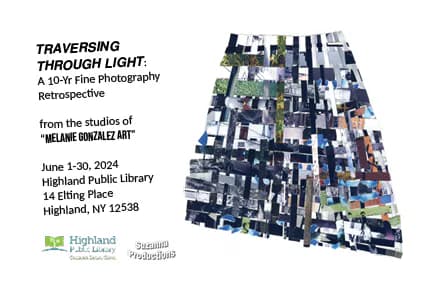 Exhibition poster for Traversing Through Light fine art photography retrospective by Melanie Gonzalez Art, featuring aerial city map.