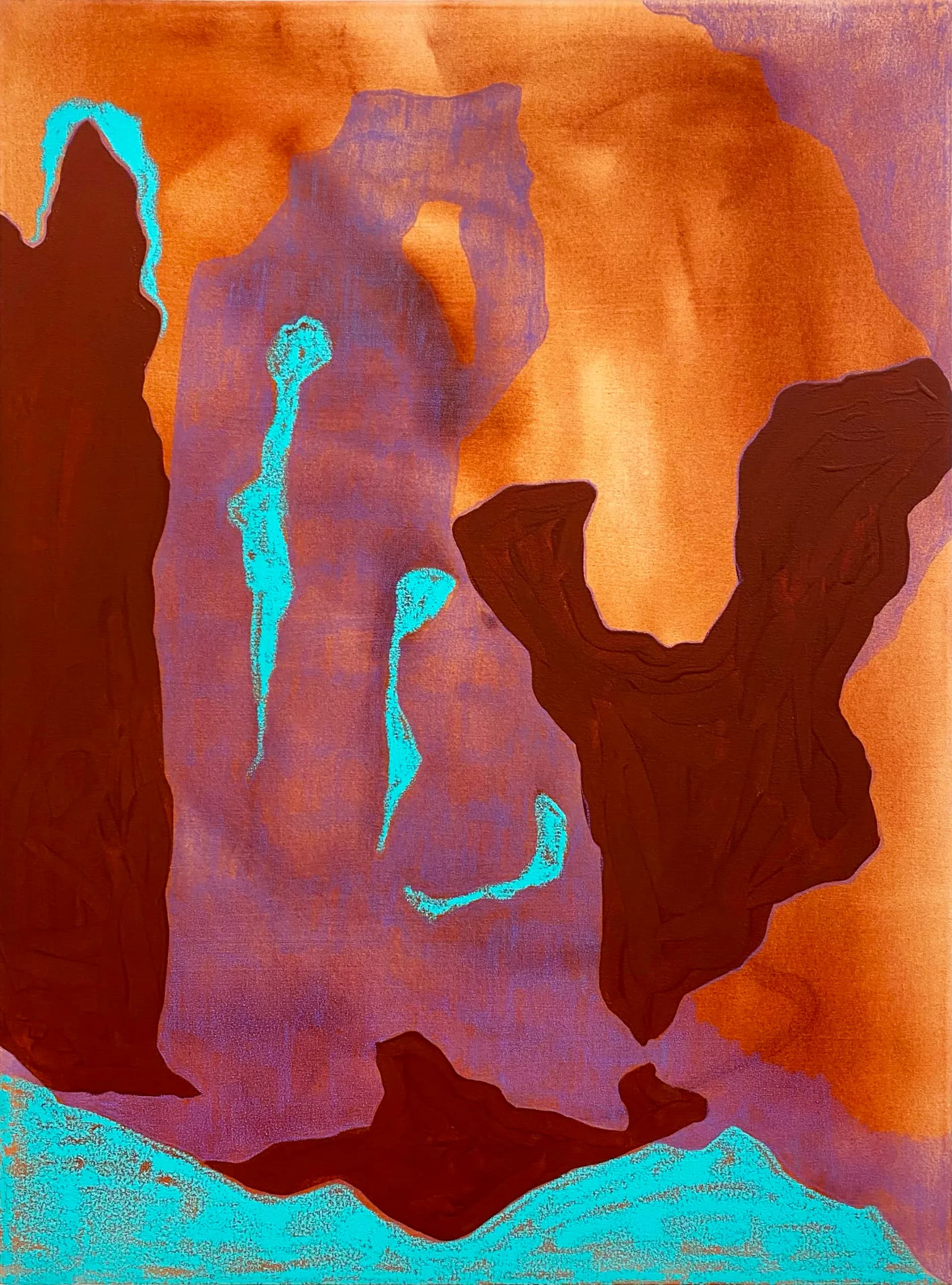 The Force of Forgetting – abstract canyon landscape in orange, purple, and turquoise on canvas