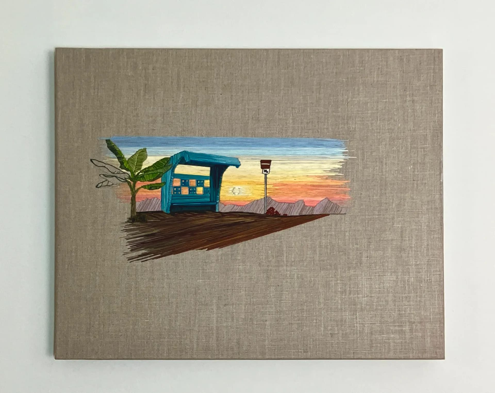Mixed-media textile artwork depicting a blue structure with landscape scene inside, rendered with paint and embroidery on linen.