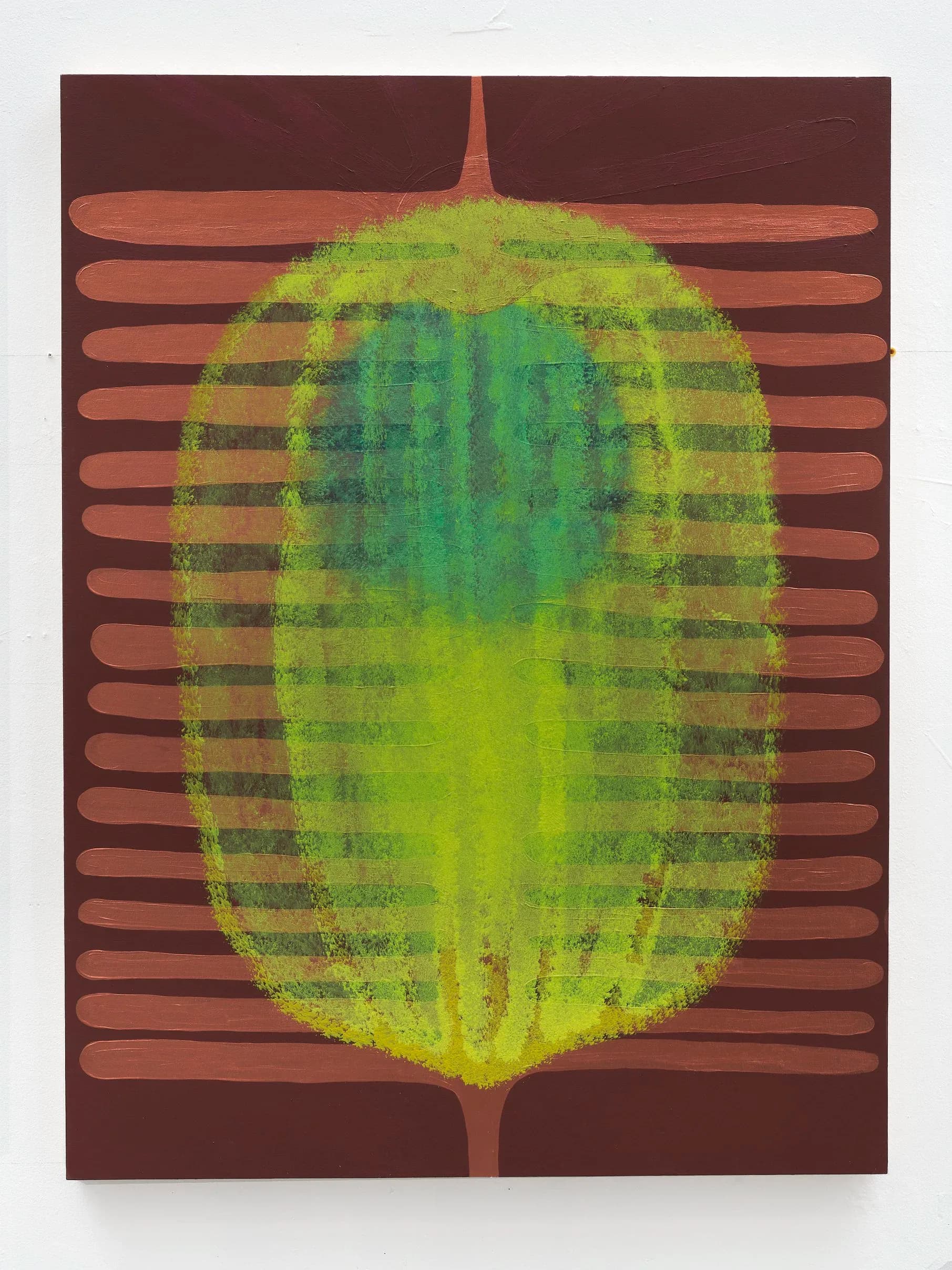 Abstract painting featuring a glowing green oval form on dark maroon background with horizontal rounded-rectangle stripe pattern