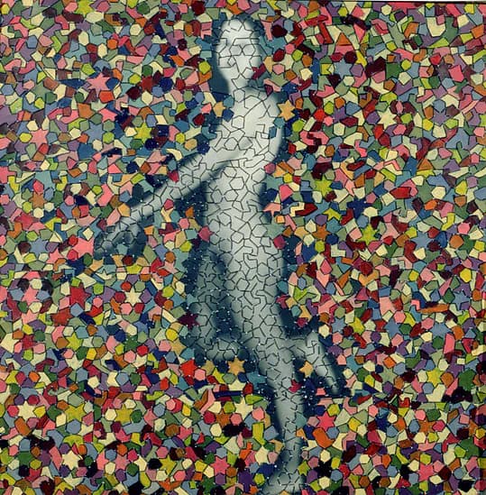 Colorful mosaic-patterned figure standing against vibrant geometric background