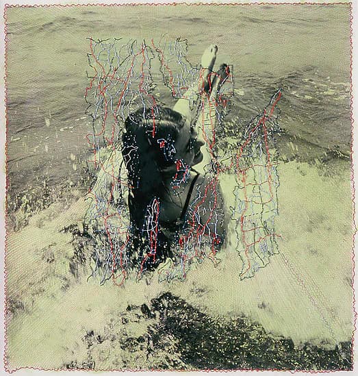 Figure with dense colorful swirling concentric embroidered lines over photographic base