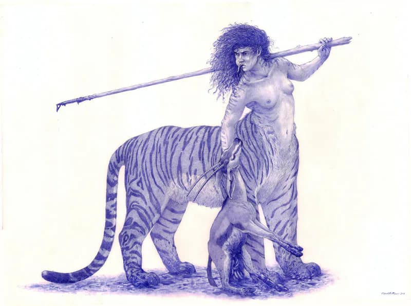 Ballpoint pen drawing of a centaur-like leopard archer figure