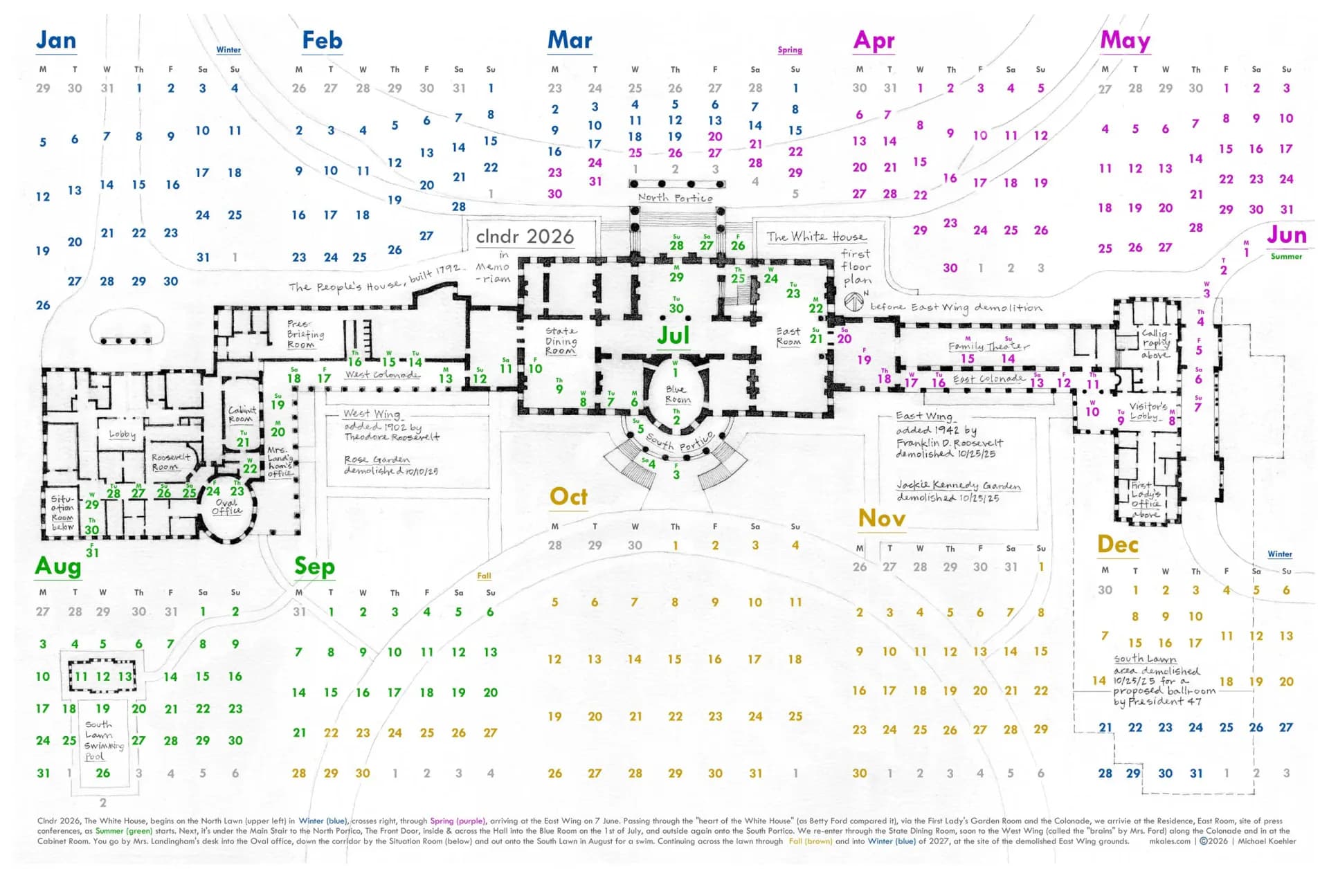 Architectural floor plan of a large institutional building surrounded by a twelve-month calendar grid in muted colors—blue, pink, orange, green, and purple.
