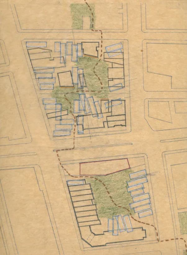 Colored pencil site plan showing two residential complexes with green courtyard spaces, blue interior markings, and tan surrounding area.