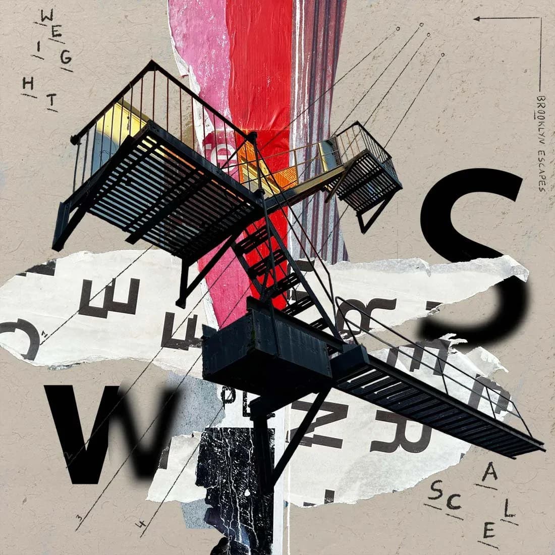 Brooklyn Escapes weight scale digital collage with fire escape and bold typography