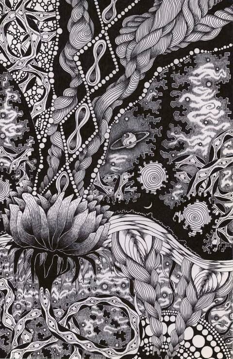Intricate black and white ink drawing of an ornate cosmic landscape with arched gateway, staircase, planets, and decorative floral patterns
