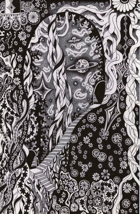 Dense black and white ink drawing featuring sunflowers, arched doorways, staircases, and decorative botanical motifs