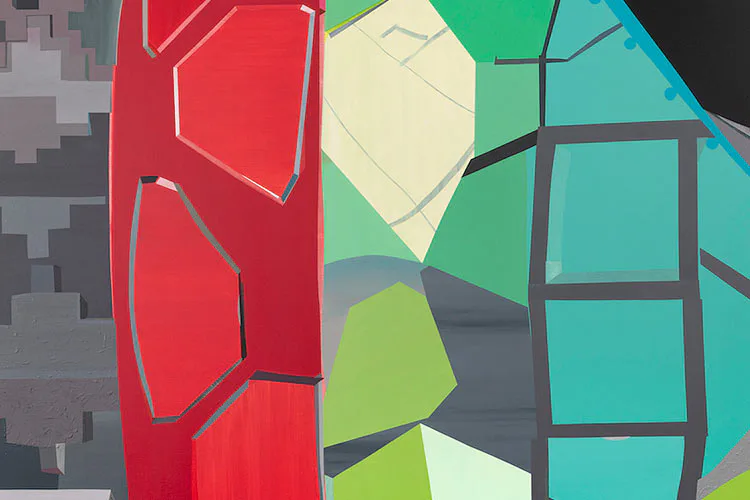 Abstract geometric painting with bold red, green, turquoise, and cream shapes outlined in dark lines, creating a fragmented composition.